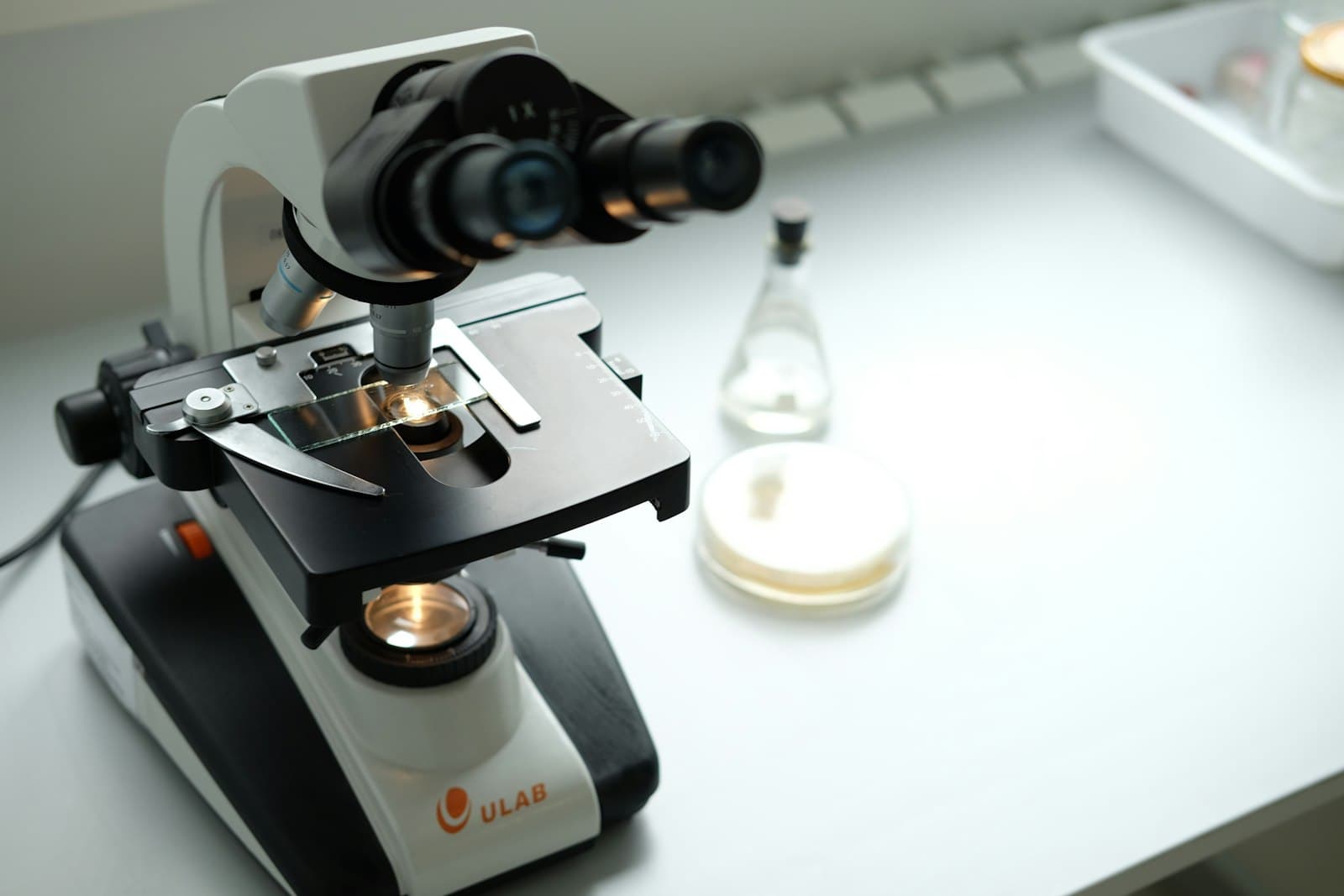 A microscope on a laboratory bench