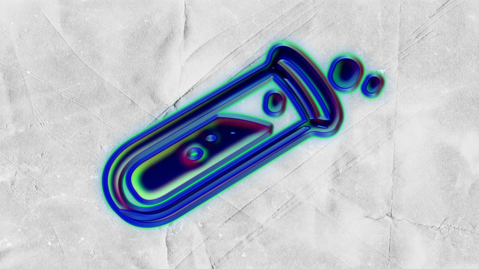 A glowing blue test tube with bubbles